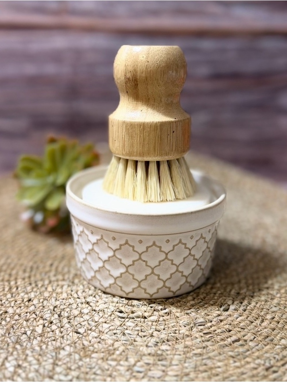 Hand Crafted Cream Ceramic Soap Bowl with Natural Wooden Scrub Brush